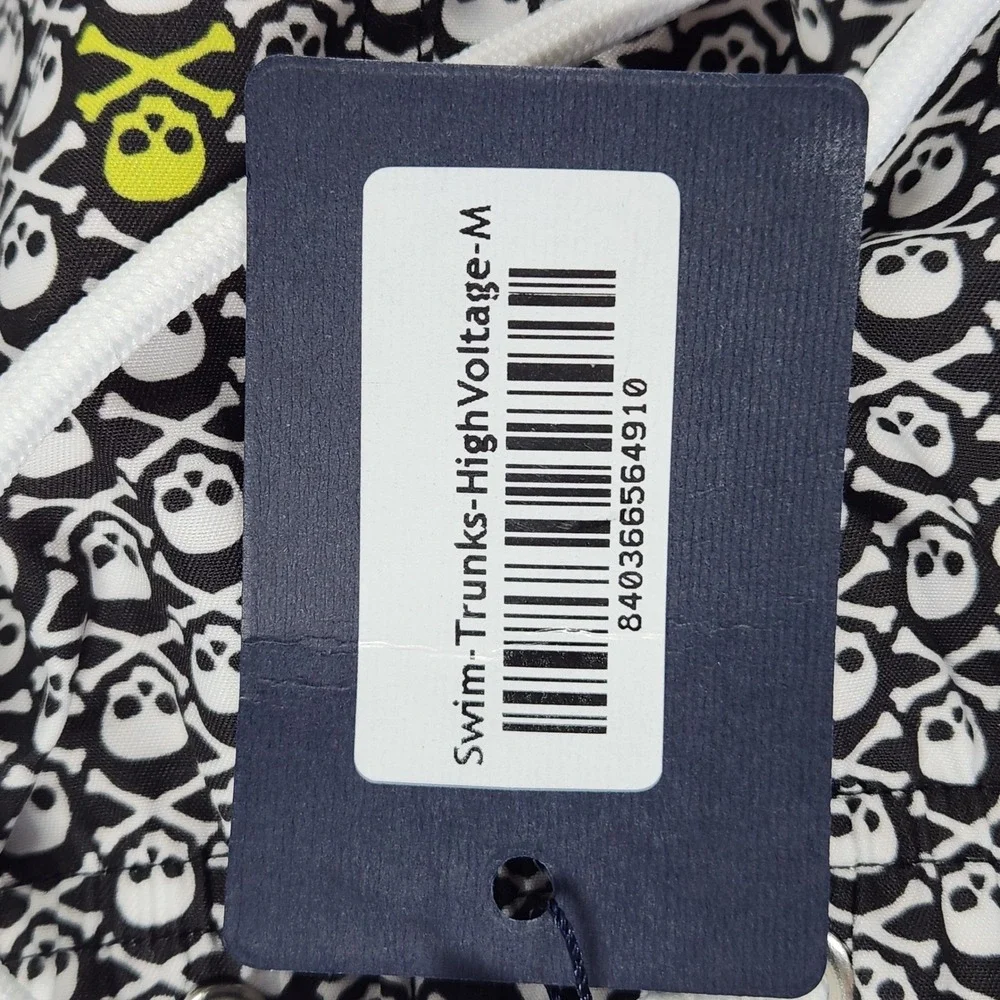 Collars & Co Mens High Voltage Skull Print‎ Swim Trunks Black White Neon Size M